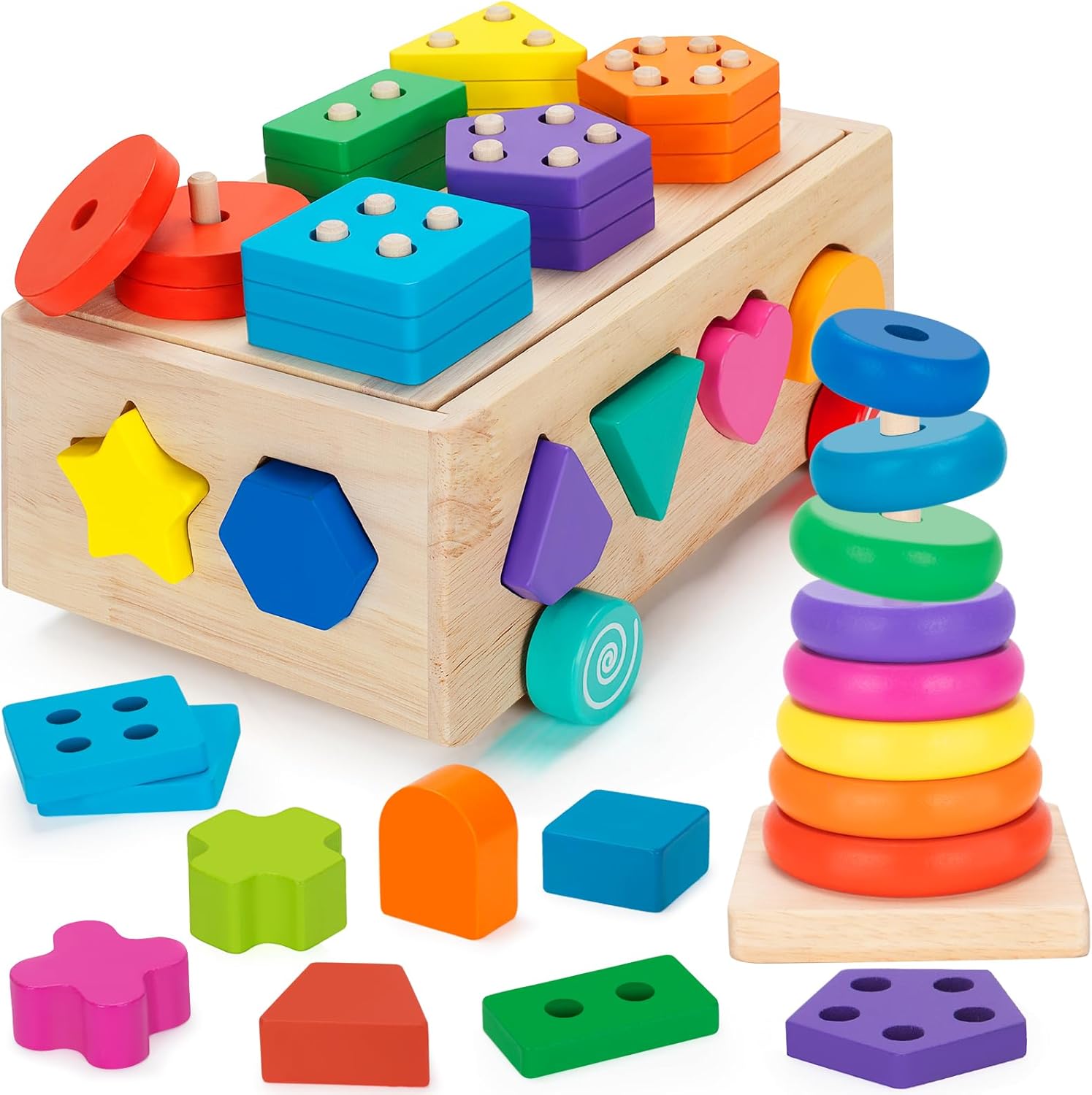 Montessori Wooden Shape Sorter & Stacking Toy – Educational Color & Geometry Learning Box for Toddlers